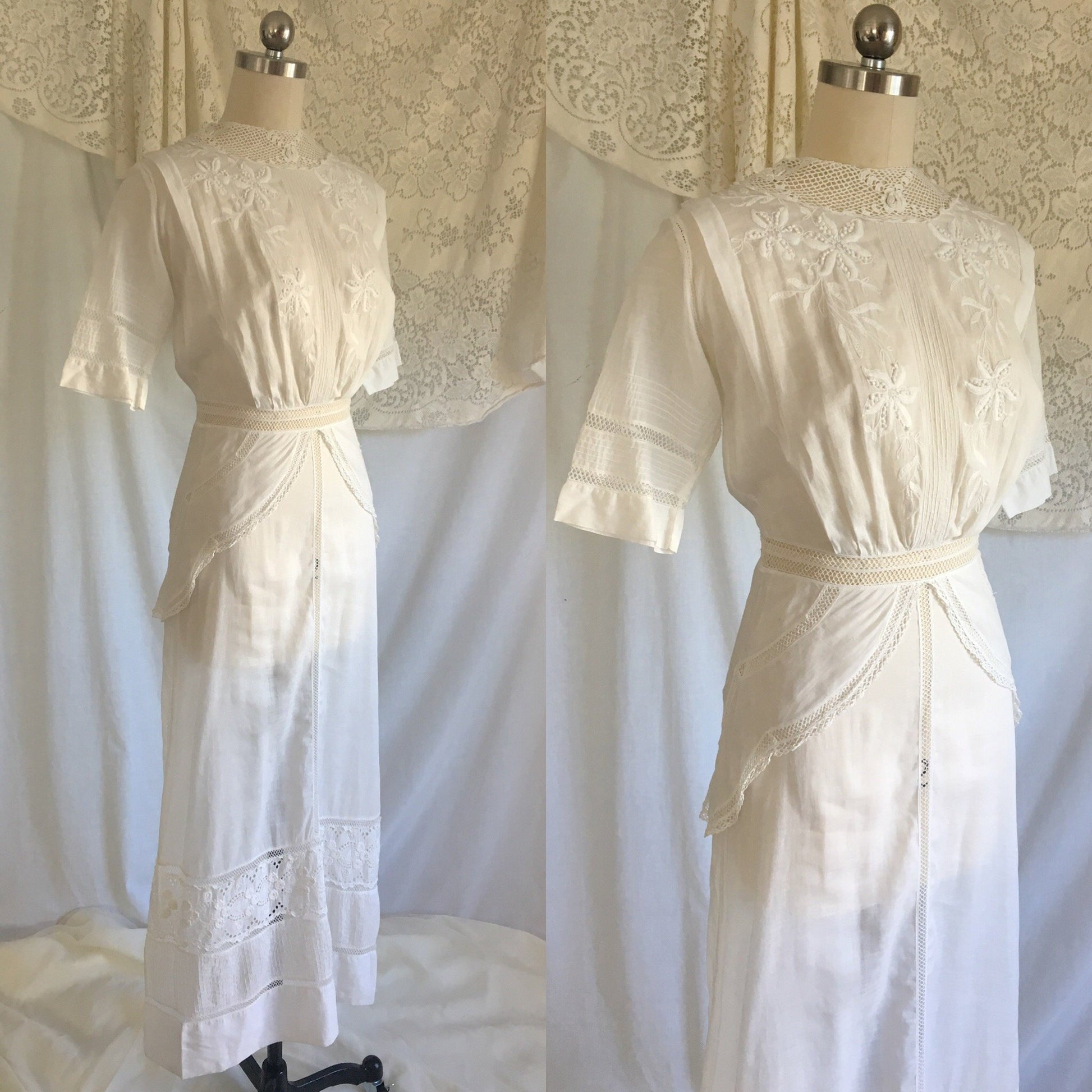 Antique 1910's Edwardian Peplum Dress | White Cotton Lawn with Crocheted Lace & Embroidery | Size XXS - Daggers & Dames