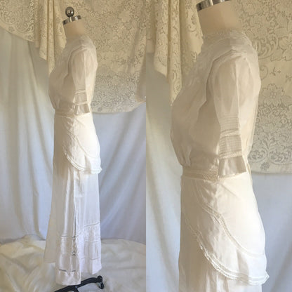 Antique 1910's Edwardian Peplum Dress | White Cotton Lawn with Crocheted Lace & Embroidery | Size XXS - Daggers & Dames