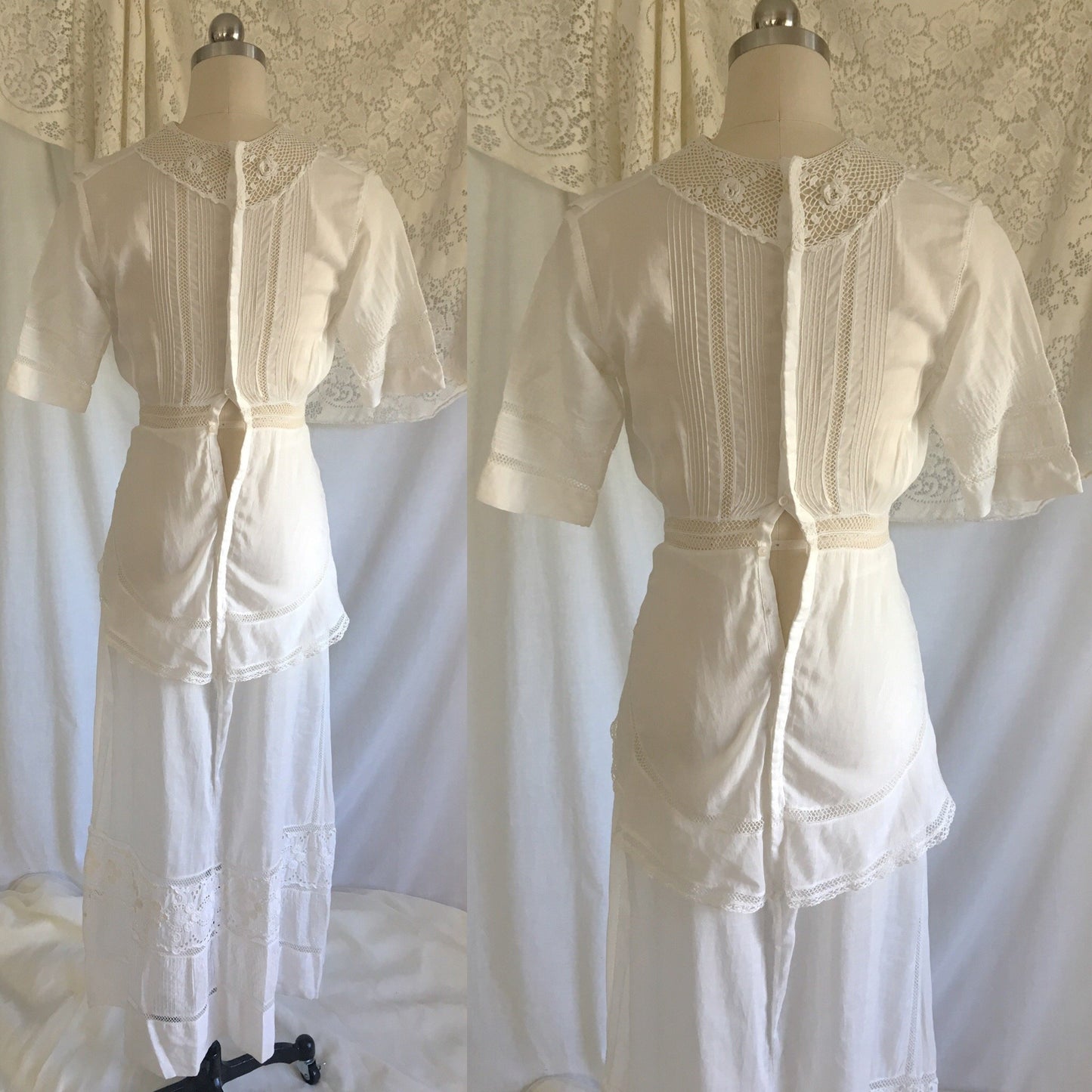 Antique 1910's Edwardian Peplum Dress | White Cotton Lawn with Crocheted Lace & Embroidery | Size XXS - Daggers & Dames