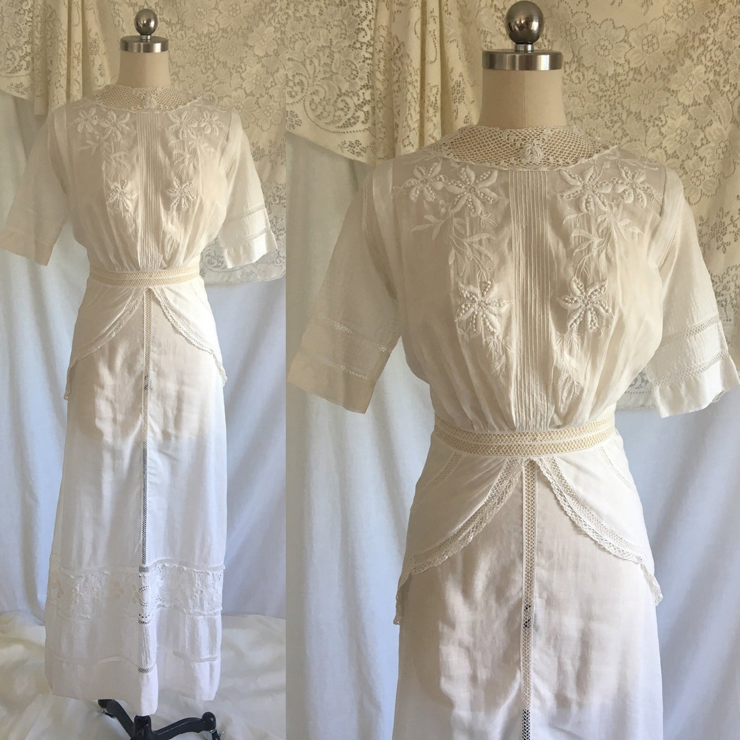 Antique 1910's Edwardian Peplum Dress | White Cotton Lawn with Crocheted Lace & Embroidery | Size XXS - Daggers & Dames