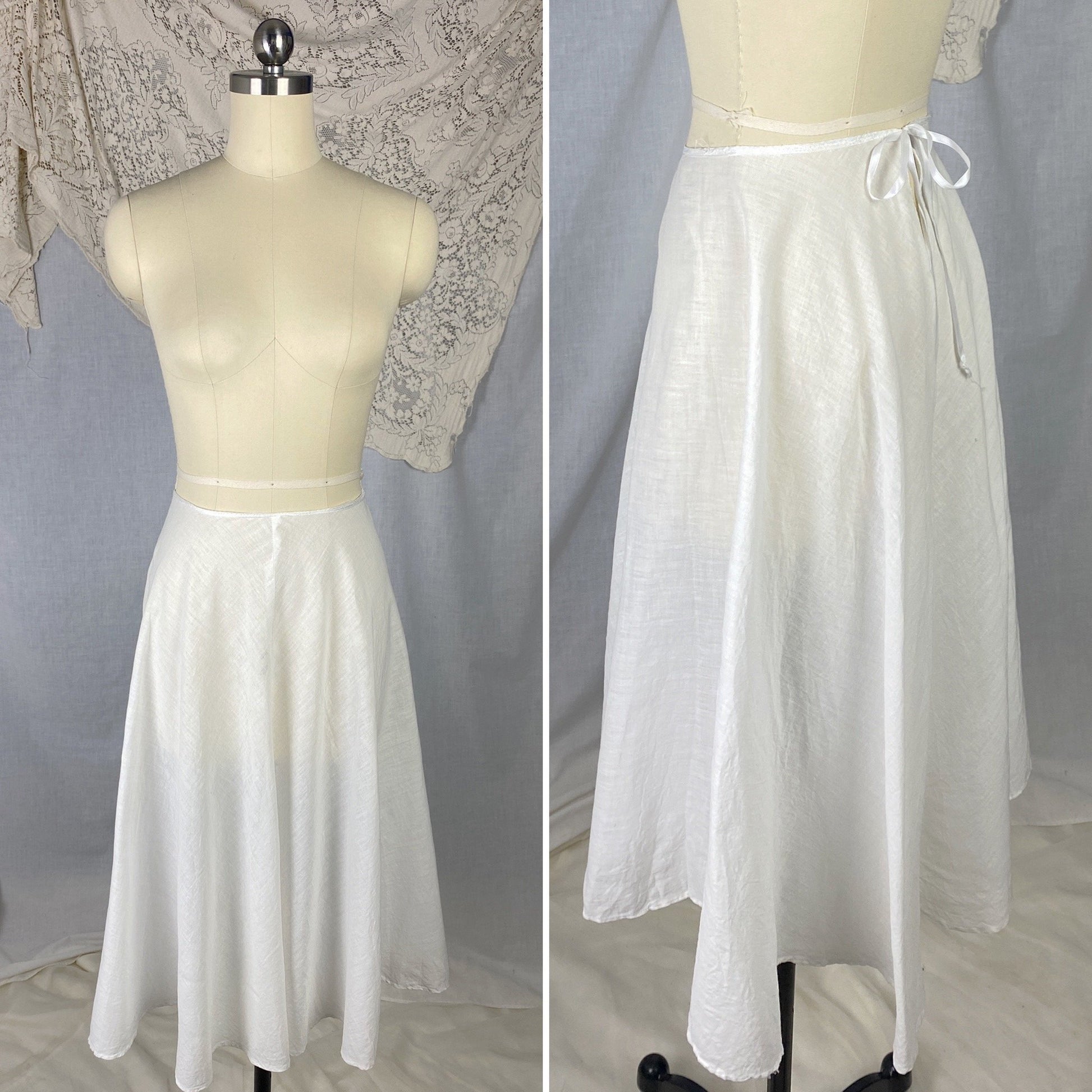Antique 1910's Edwardian Petticoat | Crisp White Cotton Muslin with Satin Ribbon Tie | Size XS, S - Daggers & Dames