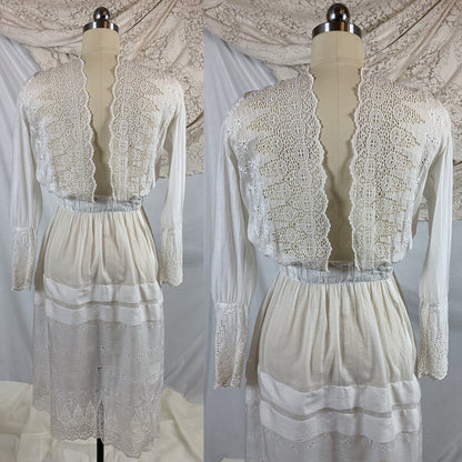 Antique 1910's Edwardian Rare Open Back Dress | Soft White Cotton Lawn with Eyelet & Venetian Lace | Size XS - Daggers & Dames