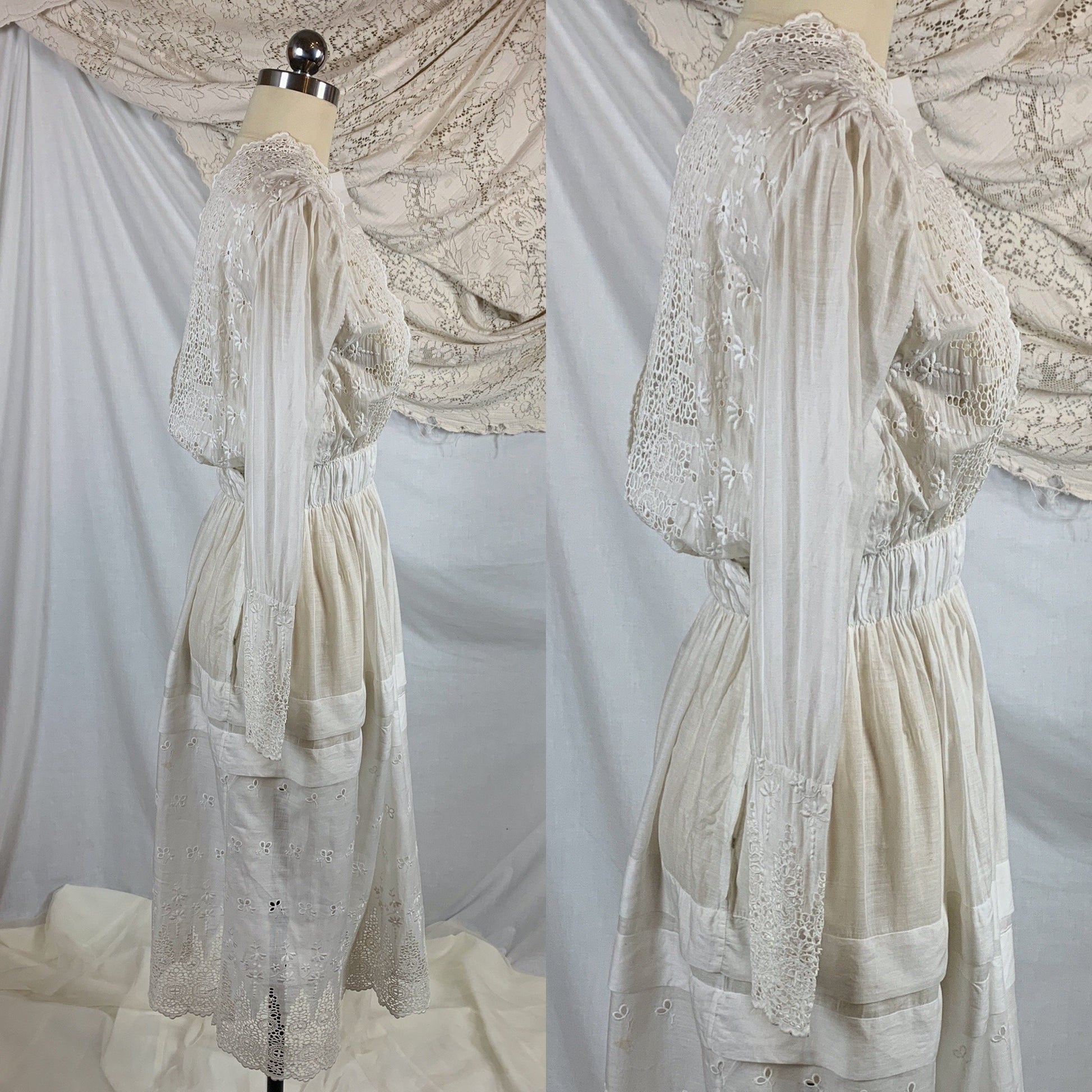 Antique 1910's Edwardian Rare Open Back Dress | Soft White Cotton Lawn with Eyelet & Venetian Lace | Size XS - Daggers & Dames