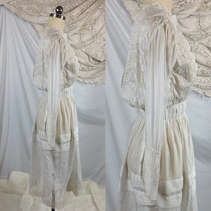 Antique 1910's Edwardian Rare Open Back Dress | Soft White Cotton Lawn with Eyelet & Venetian Lace | Size XS - Daggers & Dames