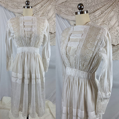 Antique 1910's Edwardian Rare Open Back Dress | Soft White Cotton Lawn with Eyelet & Venetian Lace | Size XS - Daggers & Dames