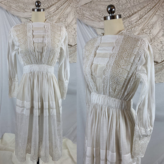 Antique 1910's Edwardian Rare Open Back Dress | Soft White Cotton Lawn with Eyelet & Venetian Lace | Size XS - Daggers & Dames