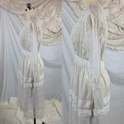 Antique 1910's Edwardian Rare Open Back Dress | Soft White Cotton Lawn with Eyelet & Venetian Lace | Size XS - Daggers & Dames
