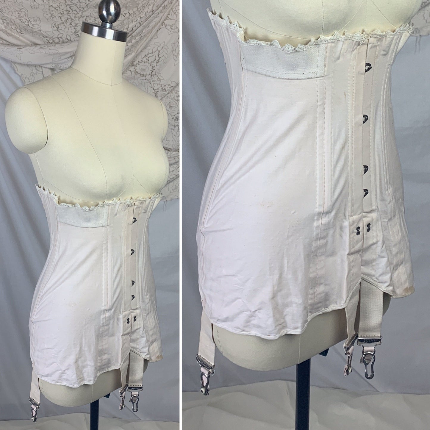 Antique 1910's Edwardian S-Bend Corset | Palest Pink Cotton with Steel Bones & White Lace | Kabo- The Live Model | Size 19 - 23 XXS - Daggers & Dames