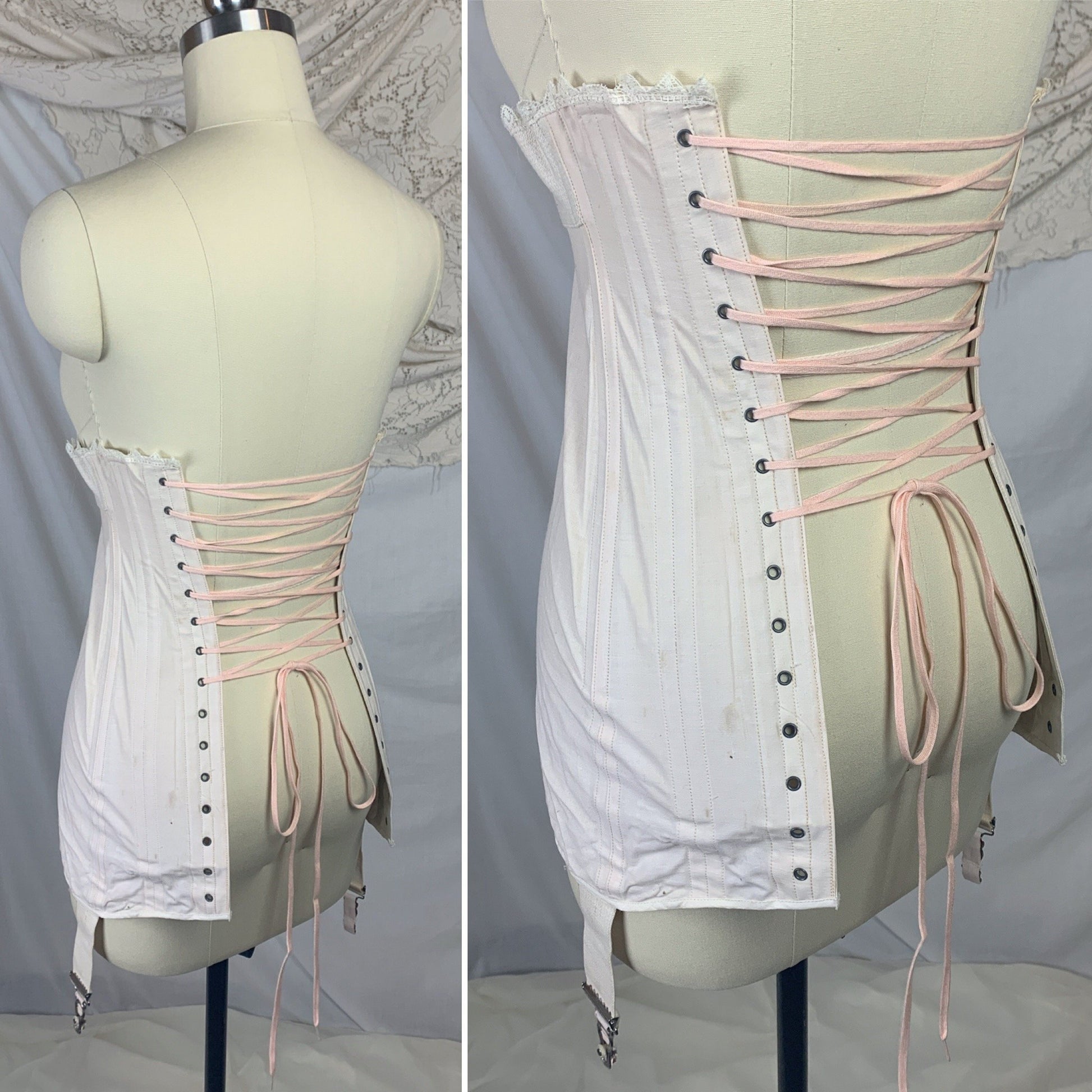 Antique 1910's Edwardian S-Bend Corset | Palest Pink Cotton with Steel Bones & White Lace | Kabo- The Live Model | Size 19 - 23 XXS - Daggers & Dames