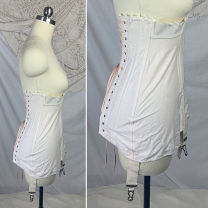 Antique 1910's Edwardian S-Bend Corset | Palest Pink Cotton with Steel Bones & White Lace | Kabo- The Live Model | Size 19 - 23 XXS - Daggers & Dames