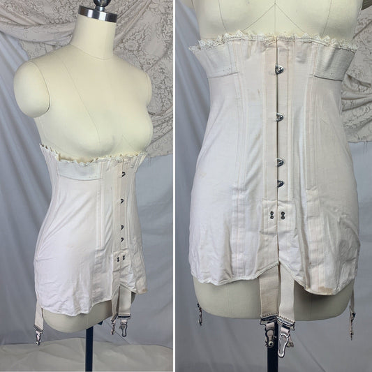 Antique 1910's Edwardian S-Bend Corset | Palest Pink Cotton with Steel Bones & White Lace | Kabo- The Live Model | Size 19 - 23 XXS - Daggers & Dames