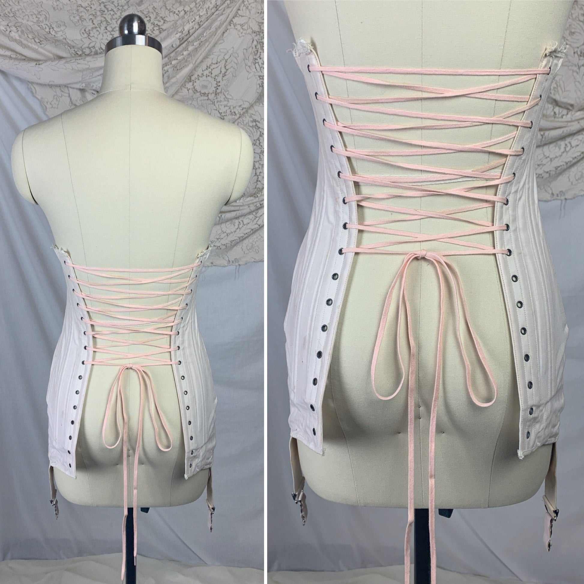 Antique 1910's Edwardian S-Bend Corset | Palest Pink Cotton with Steel Bones & White Lace | Kabo- The Live Model | Size 19 - 23 XXS - Daggers & Dames