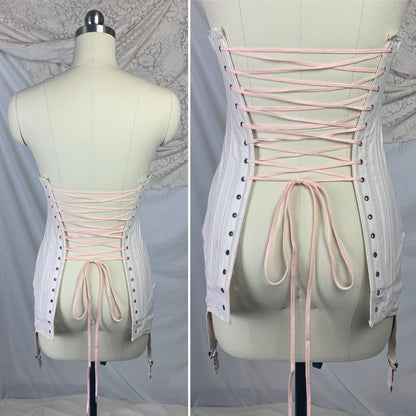 Antique 1910's Edwardian S-Bend Corset | Palest Pink Cotton with Steel Bones & White Lace | Kabo- The Live Model | Size 19 - 23 XXS - Daggers & Dames