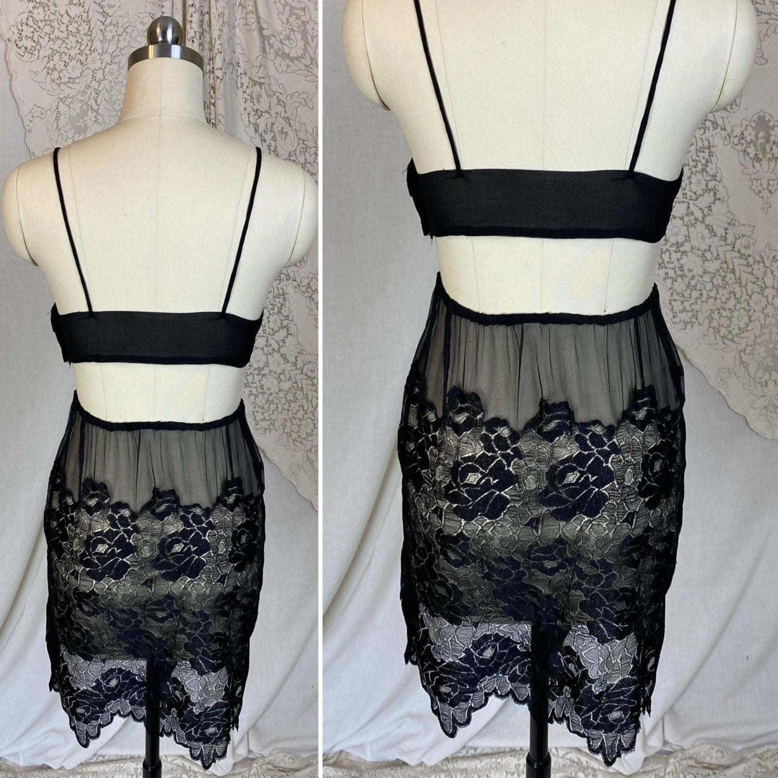 Antique 1920's Bralette & Tap Pants Lingerie Set | Black Silk Chiffon with Rose Chantilly Lace | Size XXS, XS | Never Worn - Daggers & Dames
