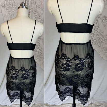 Antique 1920's Bralette & Tap Pants Lingerie Set | Black Silk Chiffon with Rose Chantilly Lace | Size XXS, XS | Never Worn - Daggers & Dames