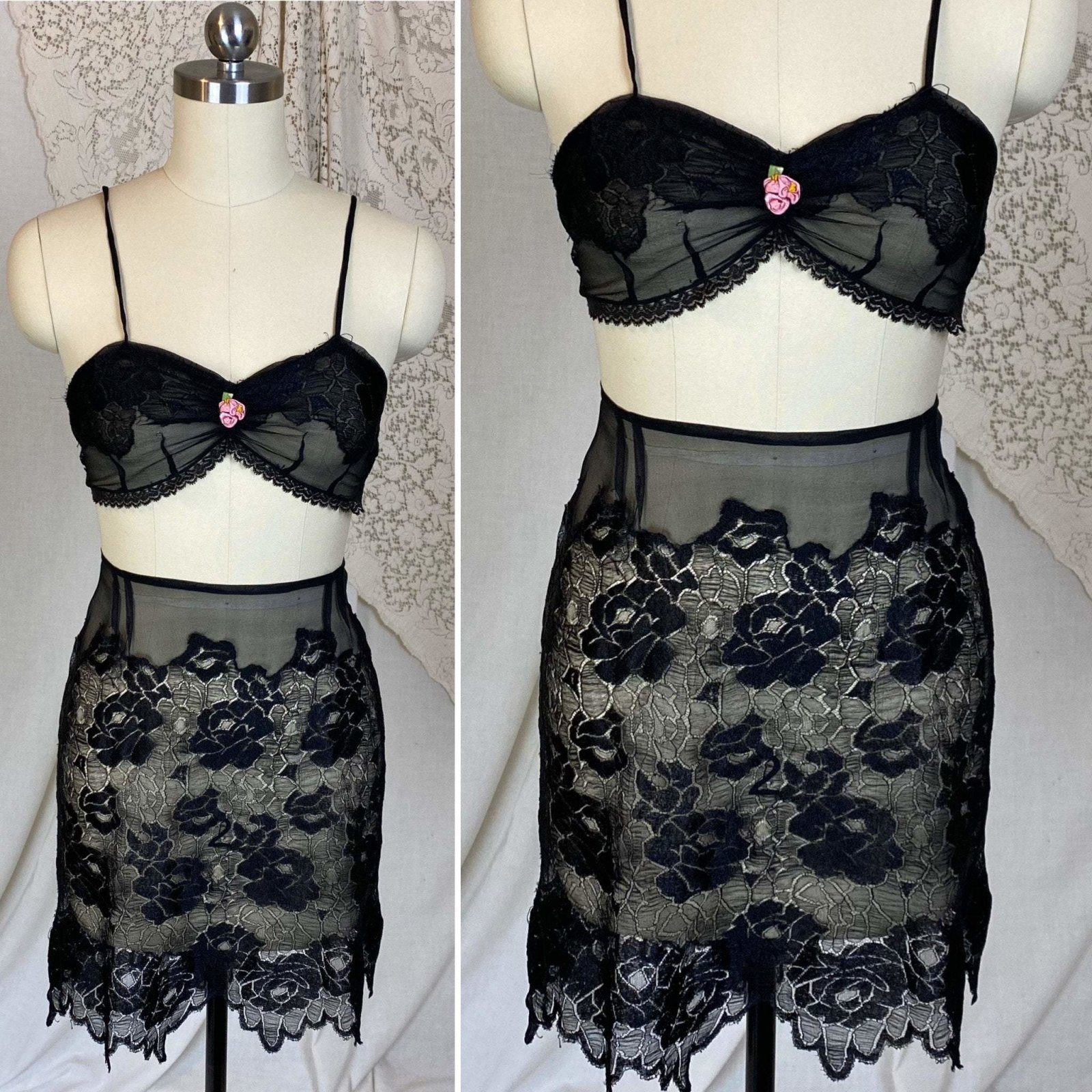 Antique 1920's Bralette & Tap Pants Lingerie Set | Black Silk Chiffon with Rose Chantilly Lace | Size XXS, XS | Never Worn - Daggers & Dames