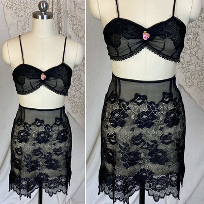 Antique 1920's Bralette & Tap Pants Lingerie Set | Black Silk Chiffon with Rose Chantilly Lace | Size XXS, XS | Never Worn - Daggers & Dames