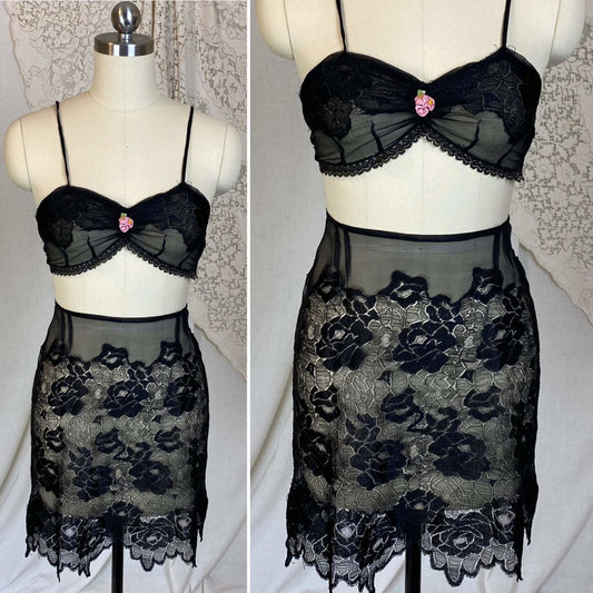 Antique 1920's Bralette & Tap Pants Lingerie Set | Black Silk Chiffon with Rose Chantilly Lace | Size XXS, XS | Never Worn - Daggers & Dames