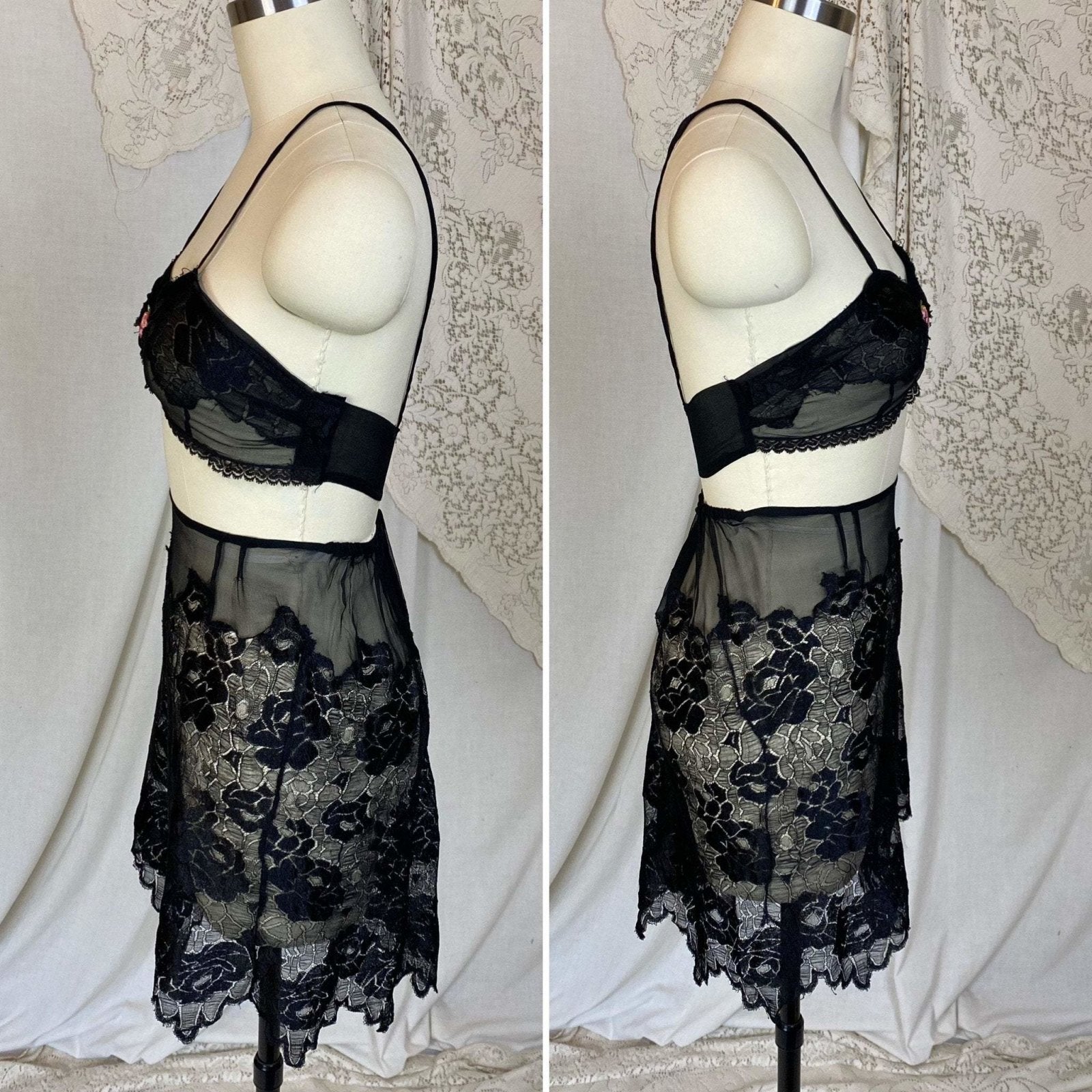 Antique 1920's Bralette & Tap Pants Lingerie Set | Black Silk Chiffon with Rose Chantilly Lace | Size XXS, XS | Never Worn - Daggers & Dames