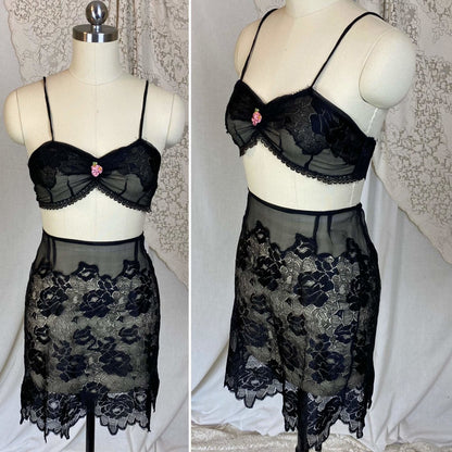Antique 1920's Bralette & Tap Pants Lingerie Set | Black Silk Chiffon with Rose Chantilly Lace | Size XXS, XS | Never Worn - Daggers & Dames