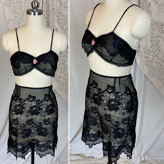 Antique 1920's Bralette & Tap Pants Lingerie Set | Black Silk Chiffon with Rose Chantilly Lace | Size XXS, XS | Never Worn - Daggers & Dames