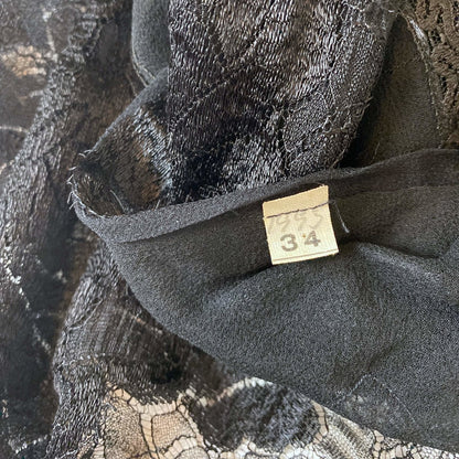 Antique 1920's Bralette & Tap Pants Lingerie Set | Black Silk Chiffon with Rose Chantilly Lace | Size XXS, XS | Never Worn - Daggers & Dames