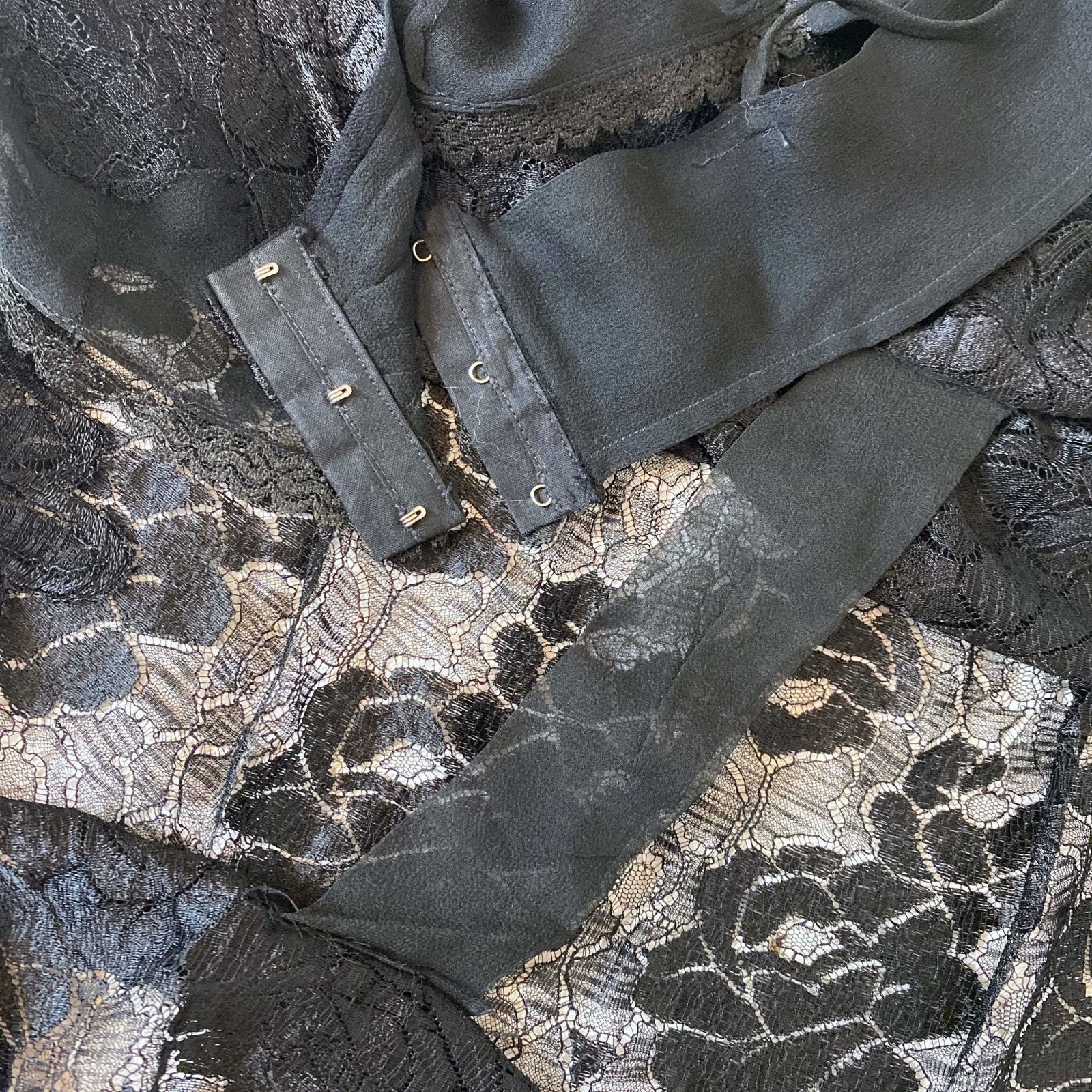 Antique 1920's Bralette & Tap Pants Lingerie Set | Black Silk Chiffon with Rose Chantilly Lace | Size XXS, XS | Never Worn - Daggers & Dames