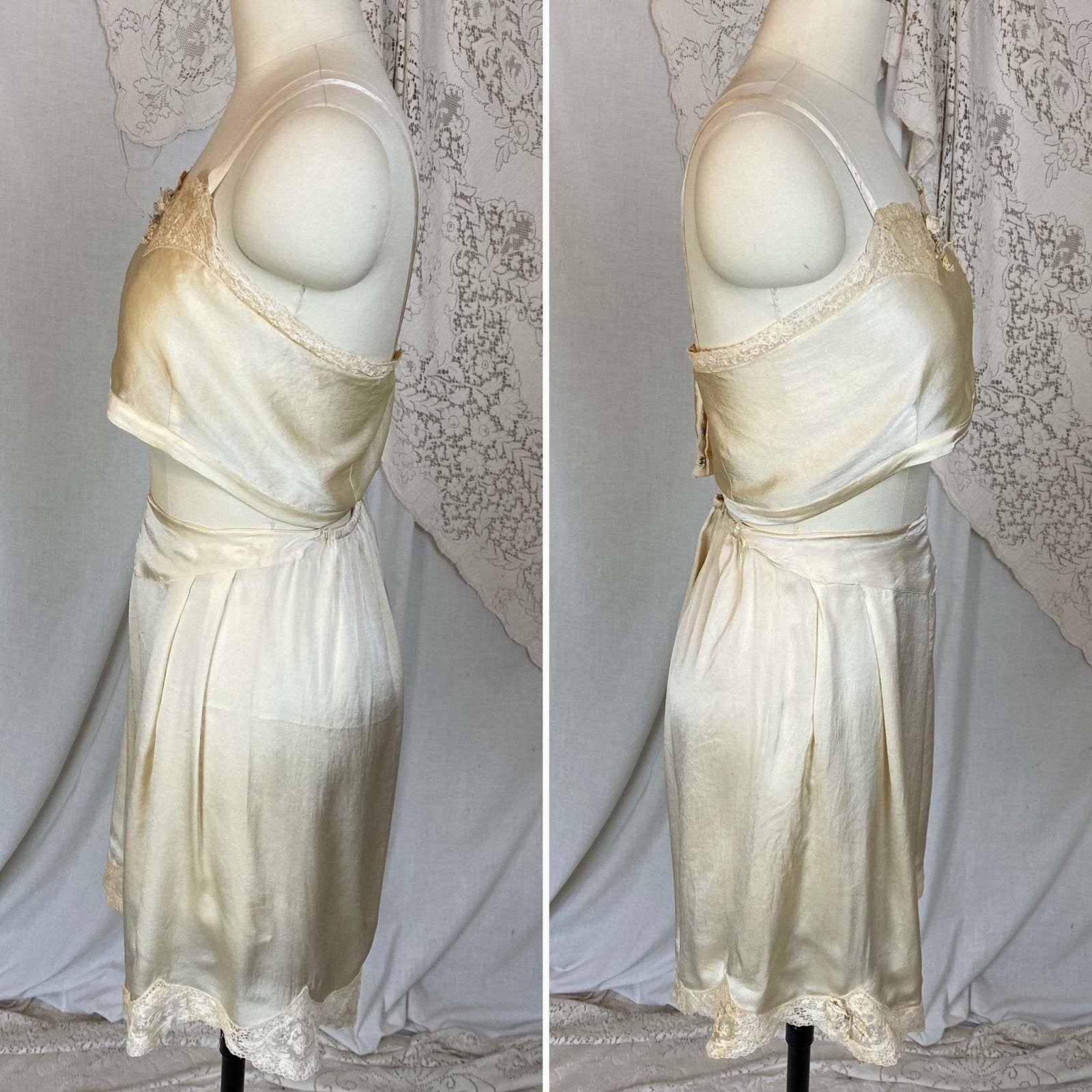 Antique 1920's Bralette & Tap Pants Set | Creamy Champagne Silk with floral Alençon Lace | Size M - Daggers & Dames