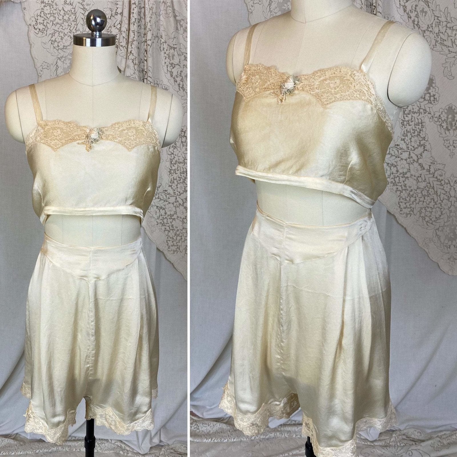 Antique 1920's Bralette & Tap Pants Set | Creamy Champagne Silk with floral Alençon Lace | Size M - Daggers & Dames