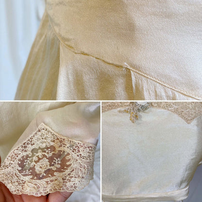 Antique 1920's Bralette & Tap Pants Set | Creamy Champagne Silk with floral Alençon Lace | Size M - Daggers & Dames