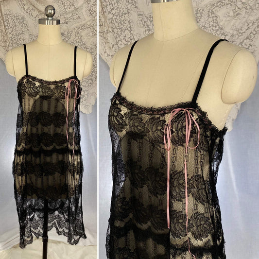 Antique 1920's Chemise | Black Rose Chantilly Lace with Silk Chiffon & Rose Pink Silk Ribbon | Size XS, S - Daggers & Dames