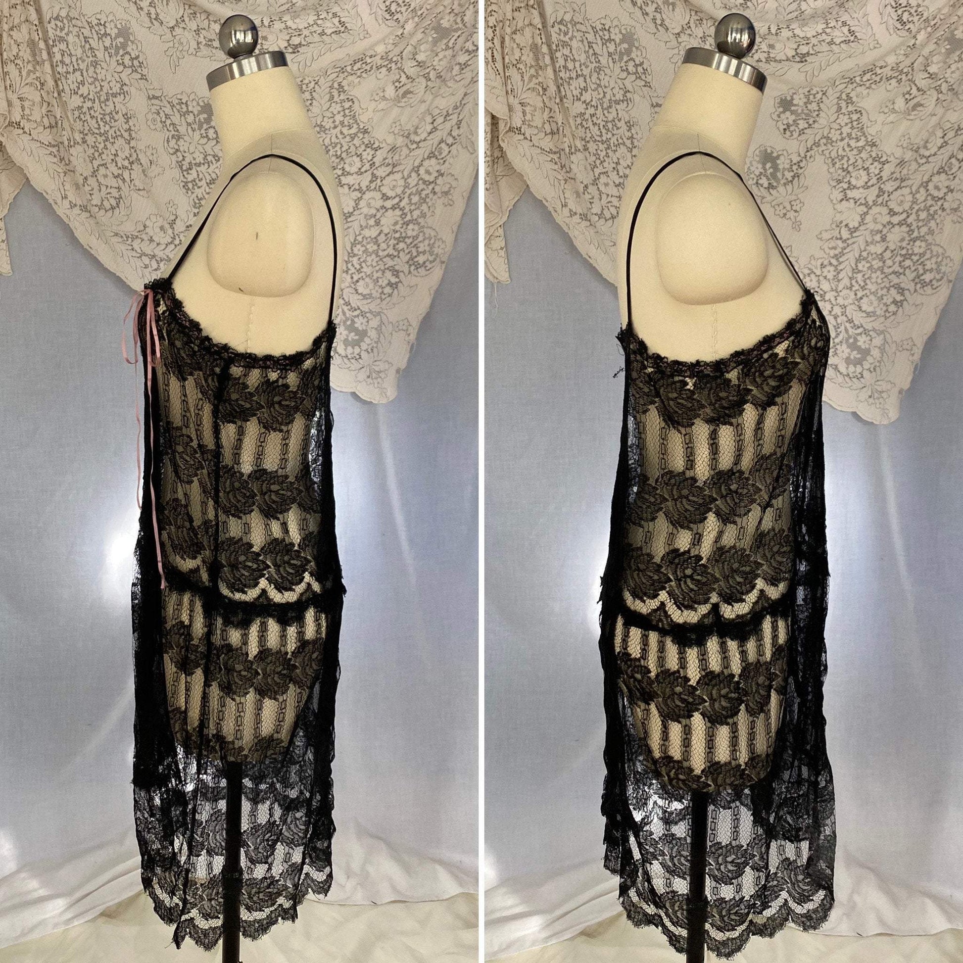 Antique 1920's Chemise | Black Rose Chantilly Lace with Silk Chiffon & Rose Pink Silk Ribbon | Size XS, S - Daggers & Dames