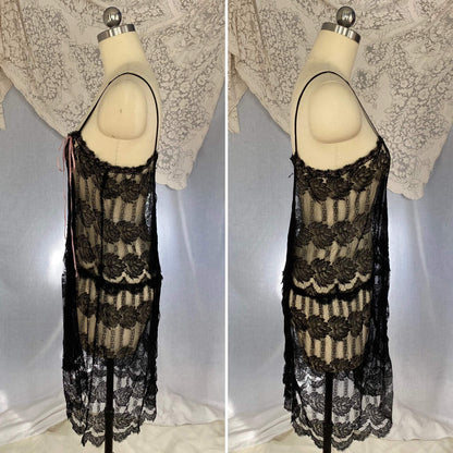 Antique 1920's Chemise | Black Rose Chantilly Lace with Silk Chiffon & Rose Pink Silk Ribbon | Size XS, S - Daggers & Dames