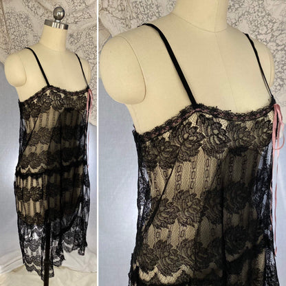 Antique 1920's Chemise | Black Rose Chantilly Lace with Silk Chiffon & Rose Pink Silk Ribbon | Size XS, S - Daggers & Dames