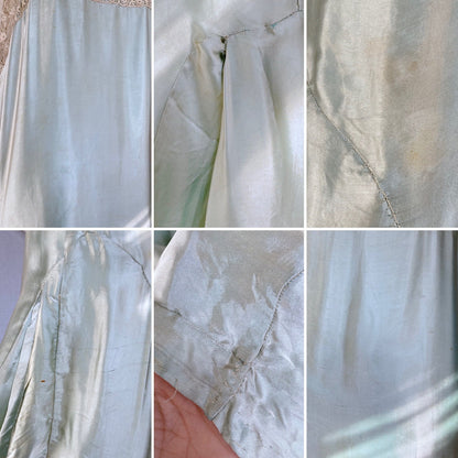 Antique 1920's Chemise | Mint Green Satin with Ivory Irish Lace | Size XS, S - Daggers & Dames