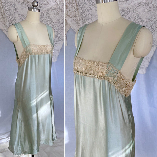 Antique 1920's Chemise | Mint Green Satin with Ivory Irish Lace | Size XS, S - Daggers & Dames