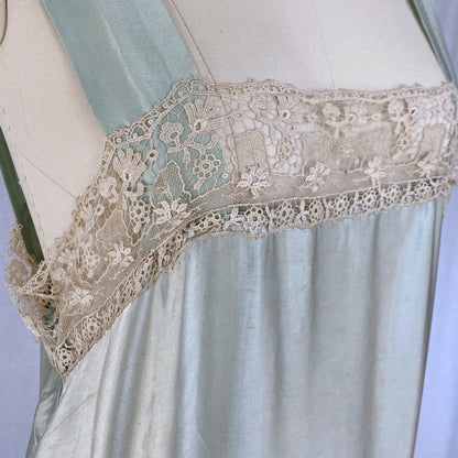 Antique 1920's Chemise | Mint Green Satin with Ivory Irish Lace | Size XS, S - Daggers & Dames