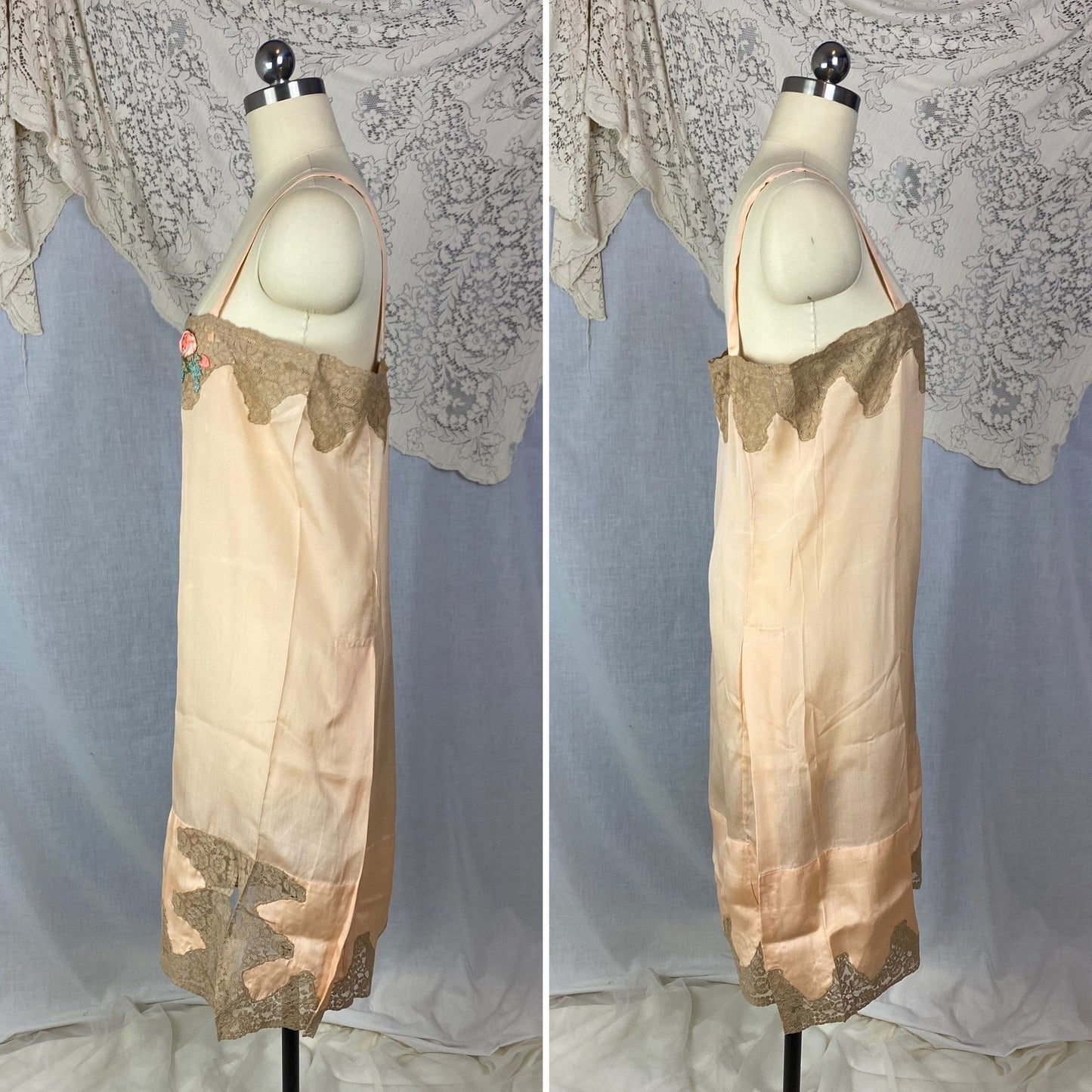 Antique 1920's Chemise | Peachy Rose Pink Silk Charmeuse with Mocha Lace & Rosette | Size S, M | New Old Stock - Daggers & Dames
