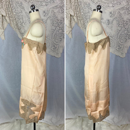 Antique 1920's Chemise | Peachy Rose Pink Silk Charmeuse with Mocha Lace & Rosette | Size S, M | New Old Stock - Daggers & Dames