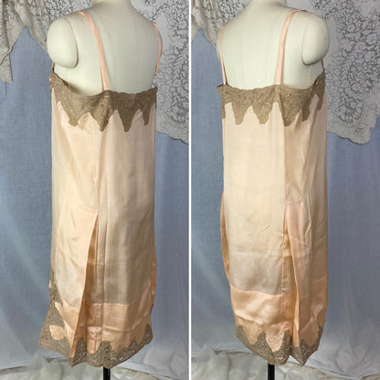 Antique 1920's Chemise | Peachy Rose Pink Silk Charmeuse with Mocha Lace & Rosette | Size S, M | New Old Stock - Daggers & Dames