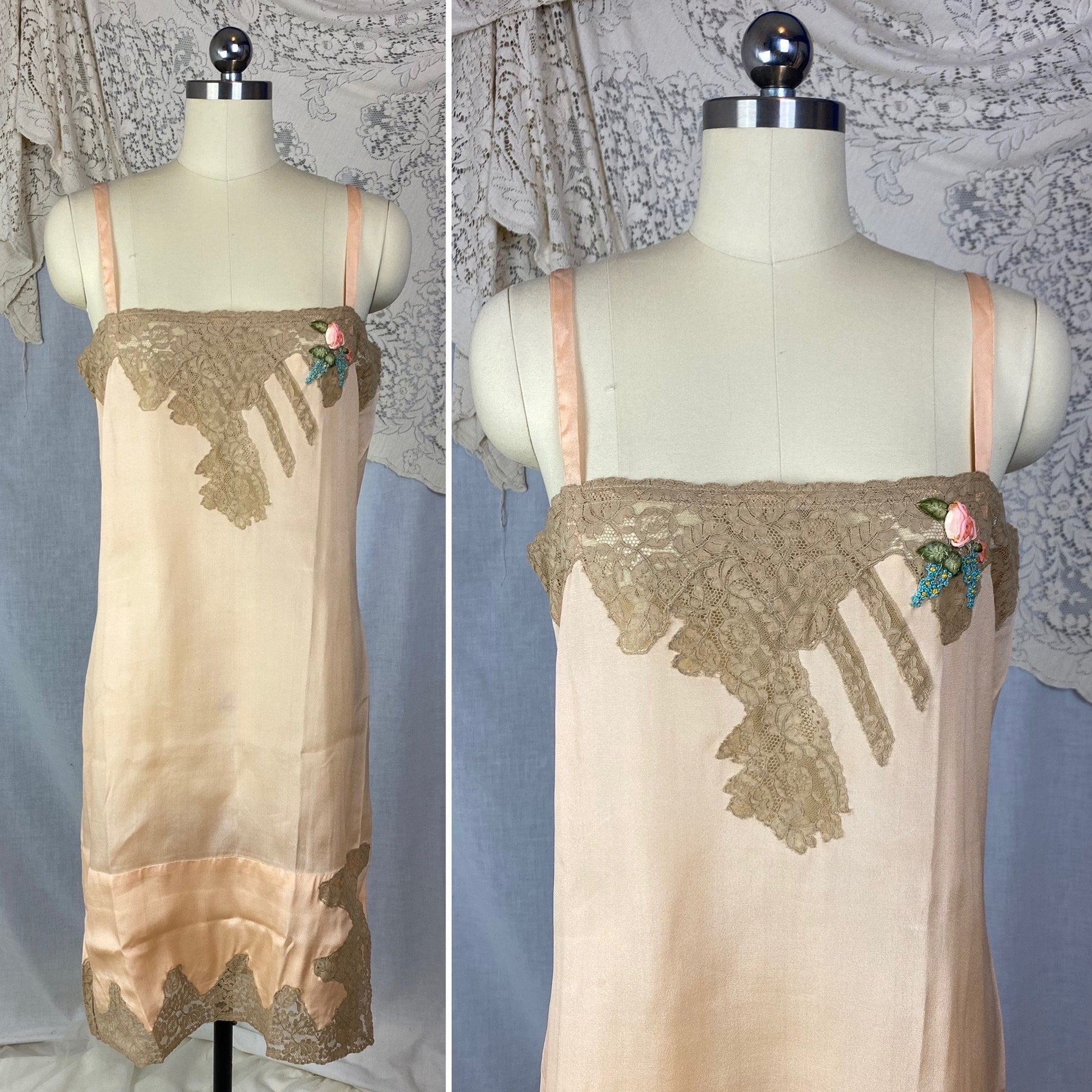 Antique 1920's Chemise | Peachy Rose Pink Silk Charmeuse with Mocha Lace & Rosette | Size S, M | New Old Stock - Daggers & Dames