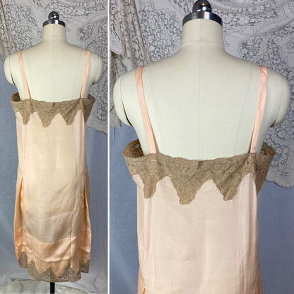 Antique 1920's Chemise | Peachy Rose Pink Silk Charmeuse with Mocha Lace & Rosette | Size S, M | New Old Stock - Daggers & Dames