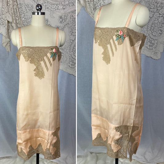 Antique 1920's Chemise | Peachy Rose Pink Silk Charmeuse with Mocha Lace & Rosette | Size S, M | New Old Stock - Daggers & Dames