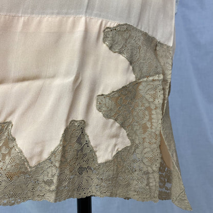 Antique 1920's Chemise | Peachy Rose Pink Silk Charmeuse with Mocha Lace & Rosette | Size S, M | New Old Stock - Daggers & Dames