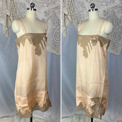 Antique 1920's Chemise | Peachy Rose Pink Silk Charmeuse with Mocha Lace & Rosette | Size S, M | New Old Stock - Daggers & Dames