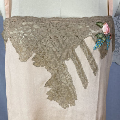 Antique 1920's Chemise | Peachy Rose Pink Silk Charmeuse with Mocha Lace & Rosette | Size S, M | New Old Stock - Daggers & Dames