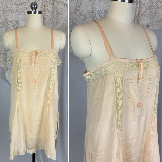 Antique 1920's Chemise | Size SM, MED | Palest Peach Silk Crepe with Tambour Embroidered Lace - Daggers & Dames