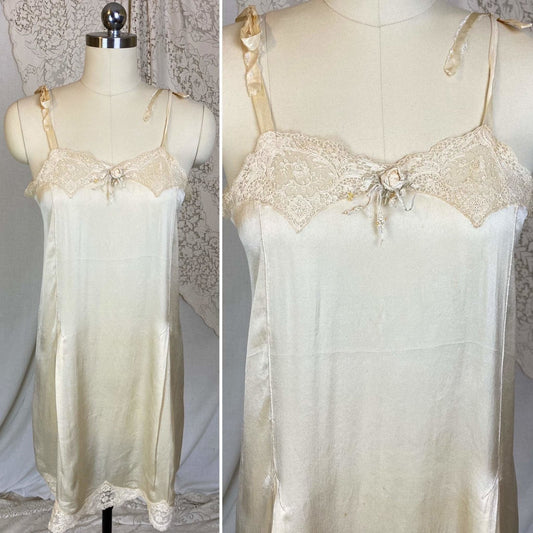 Antique 1920's Chemise Slip | Creamy Champagne Silk with Floral Alençon Lace | Size S, M, LG - Daggers & Dames