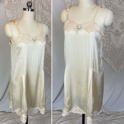 Antique 1920's Chemise Slip | Creamy Champagne Silk with Floral Alençon Lace | Size S, M, LG - Daggers & Dames
