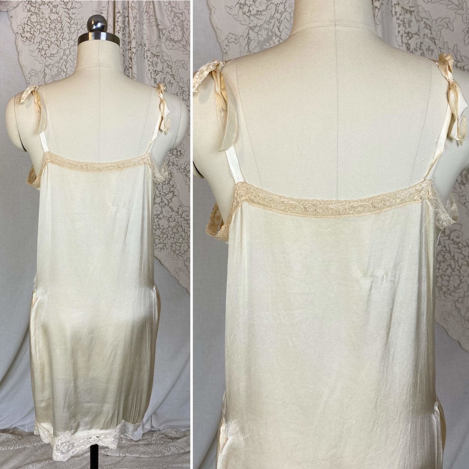 Antique 1920's Chemise Slip | Creamy Champagne Silk with Floral Alençon Lace | Size S, M, LG - Daggers & Dames